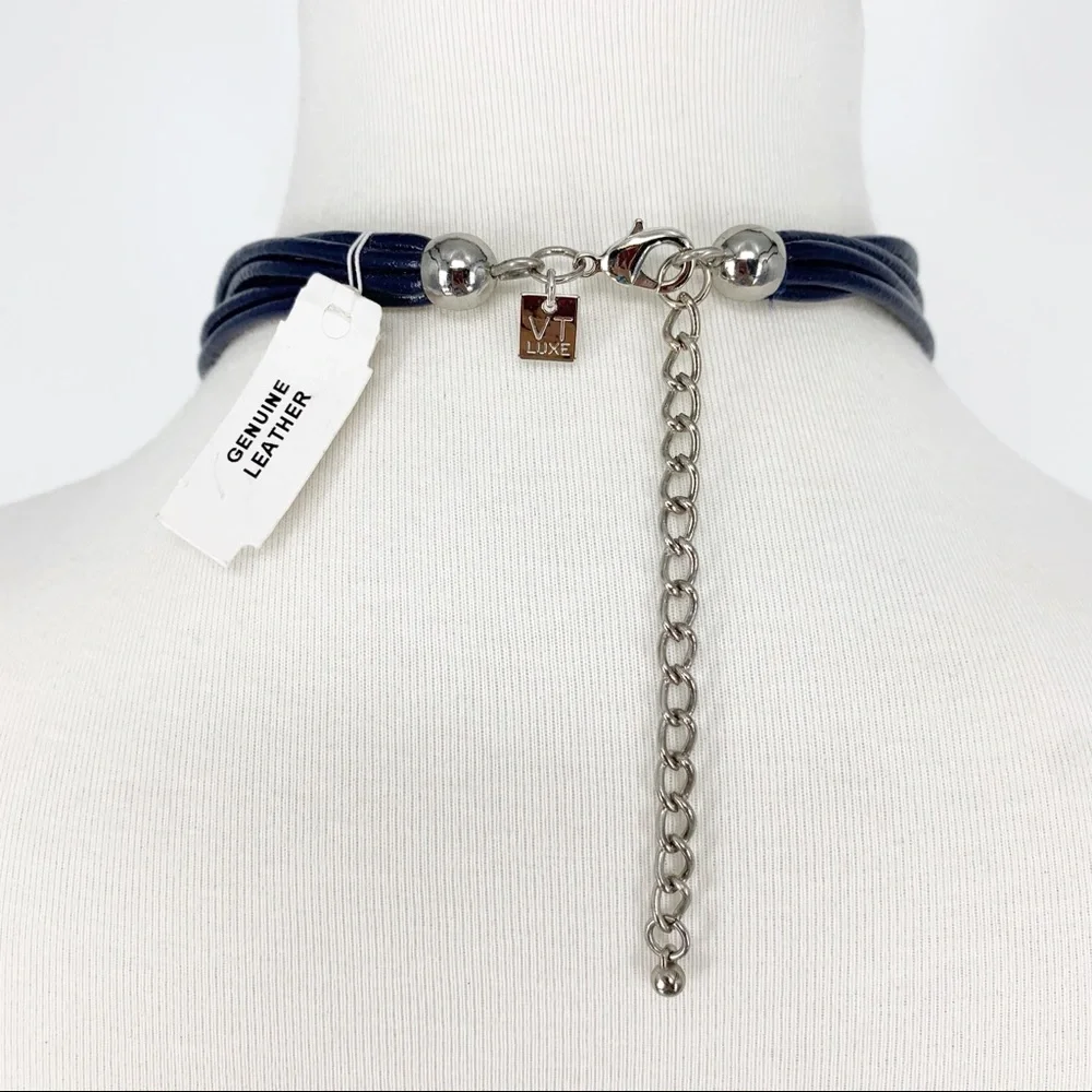 VT Luxe Blue Leather Silver Chain Multi Strand Necklace Teal‎ Crystal Statement